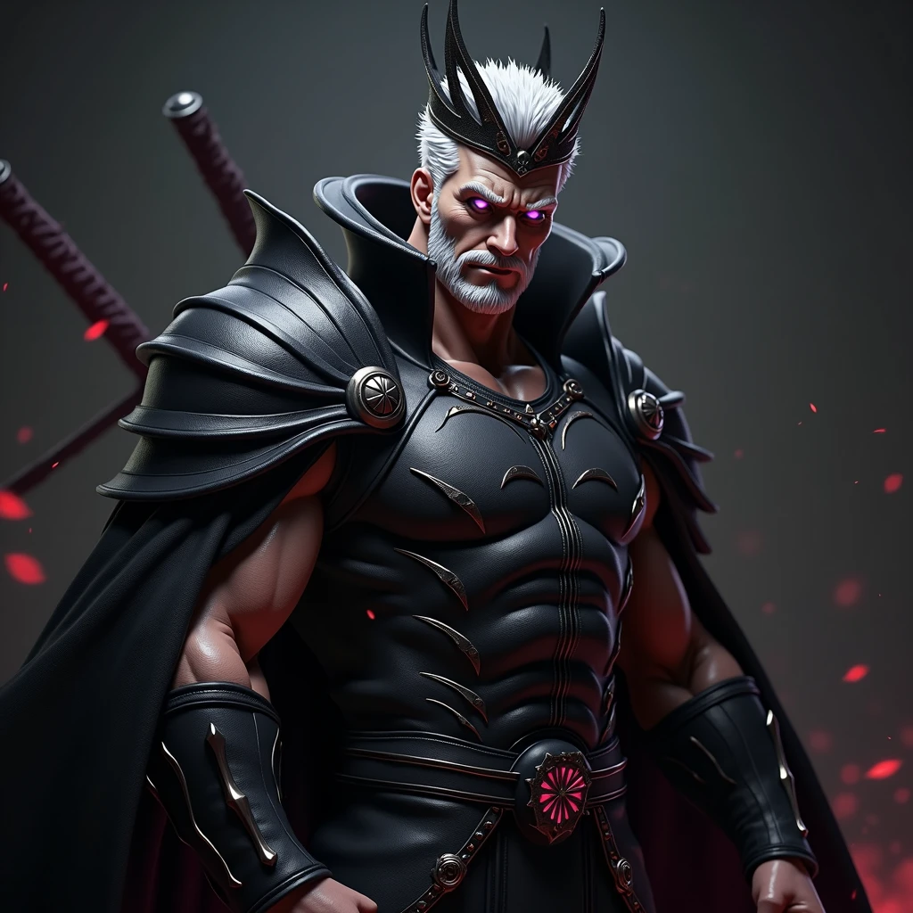 1 white haired man, naked, silver hair, purple eyes, muscular, rey, black and red crown, sword, black armor, short hair, mischievous, naughty face, hard look, Choking smile, Crazy smile, jealous, evil smile, textured skin, Very detailed, retina, high quality, quality, details altos, HD Model, Damaged, detail, The best quality, Awarded many times, necessary, High resolution, masterpiece, anatomically correct,