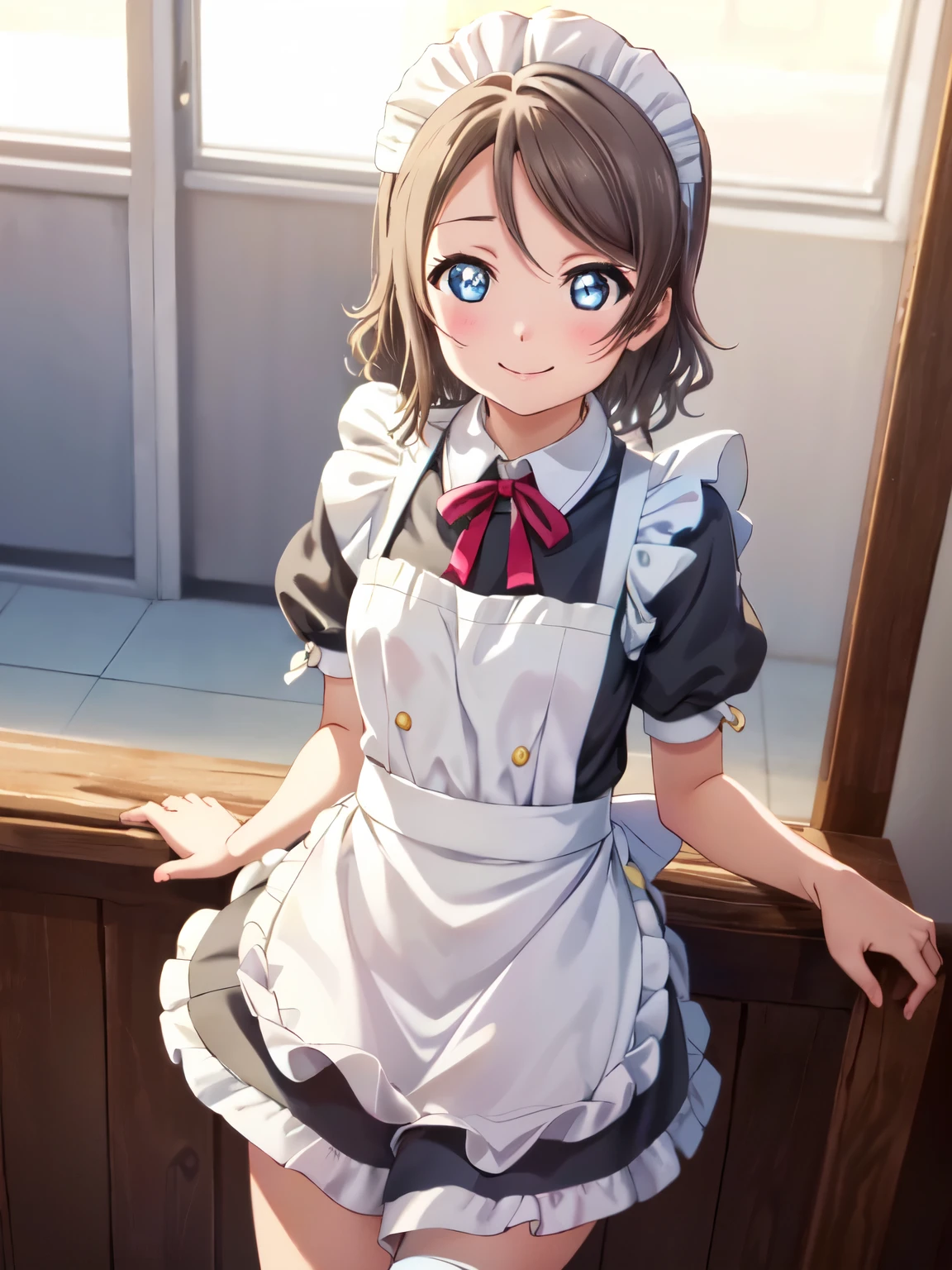 masterpiece, Highest quality, High resolution,Watanabe Yo,Closed Mouth、smile, Maid clothes、(ビクトリア朝Maid clothes:1.5)、Beautiful Eyes, Sharp pupils, Sharp focus, (Very detailed, bloom, Shine)、(Genuine、Realistic、Realistic)、High resolution、超High resolution,(View your viewers:1.2),Cowboy Shot、Thighs