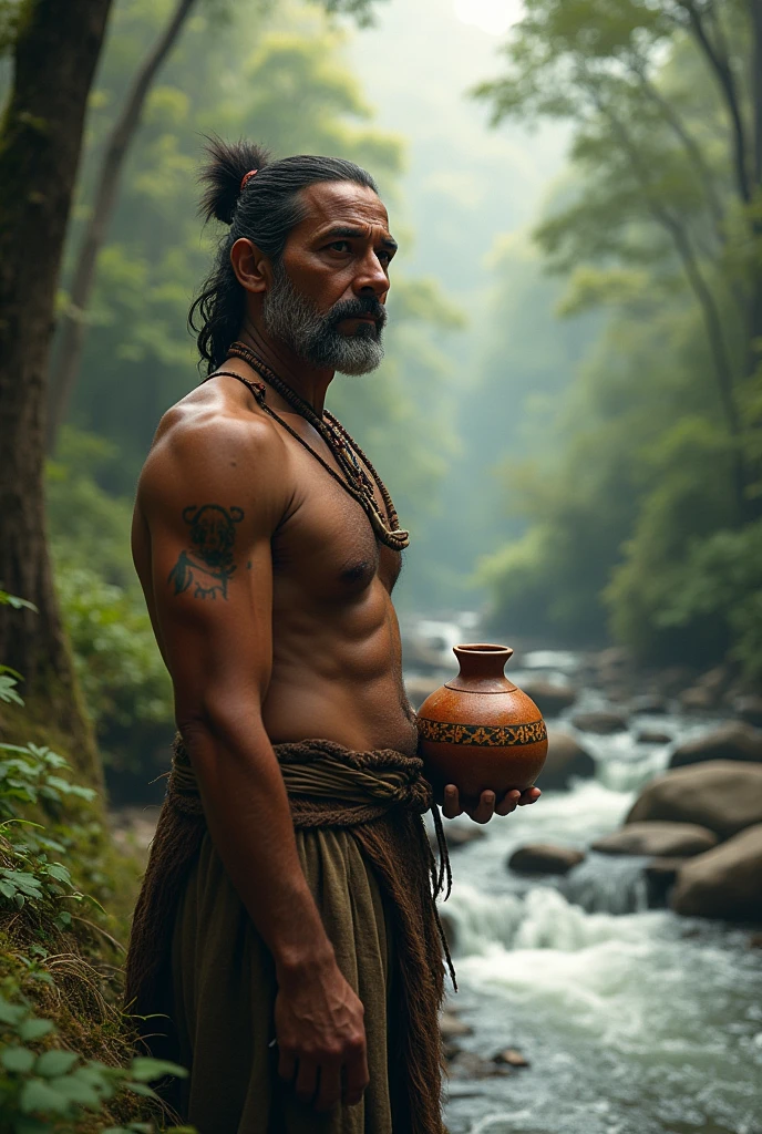 An indigenous person near a river with a gourd in his hand