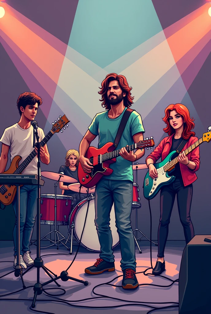 Make a small pixel art style image of a 5-member band with the following characteristics:

Man playing electric bass Woman playing keyboard Man playing acoustic guitar and singing Woman playing drums Man playing keyboard