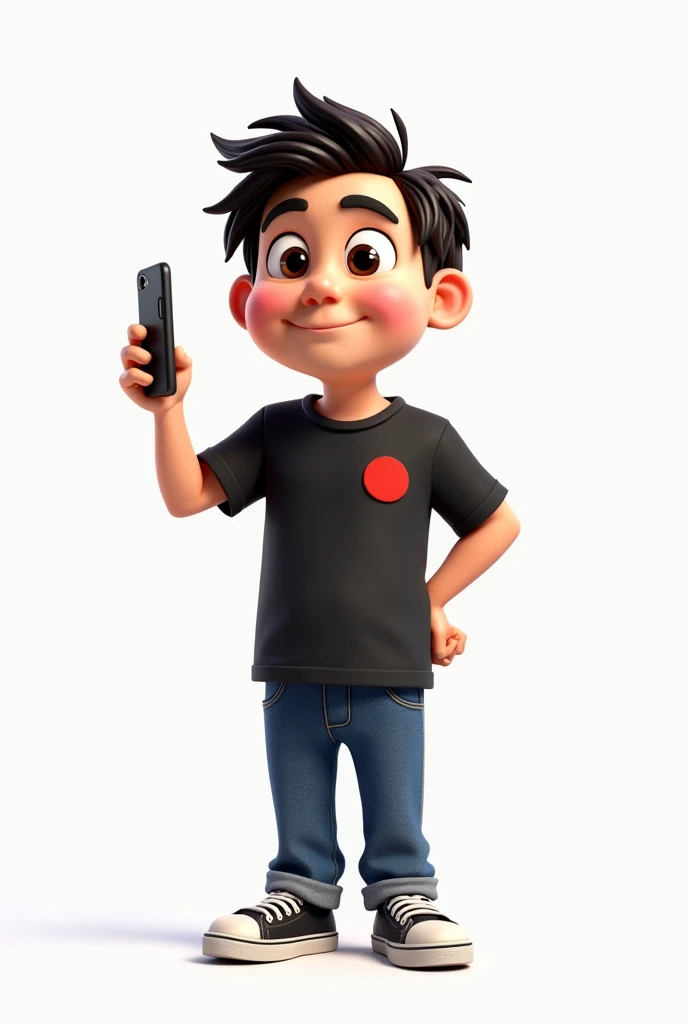 Create a Disney Pixar style character in a white setting a white man,Round face, narigudo, with thick eyebrows, the short hair down, short in stature, wearing a black t-shirt with a red circle on the left chest and jeans, with one hand holding a cell phone and the other pointing upwards