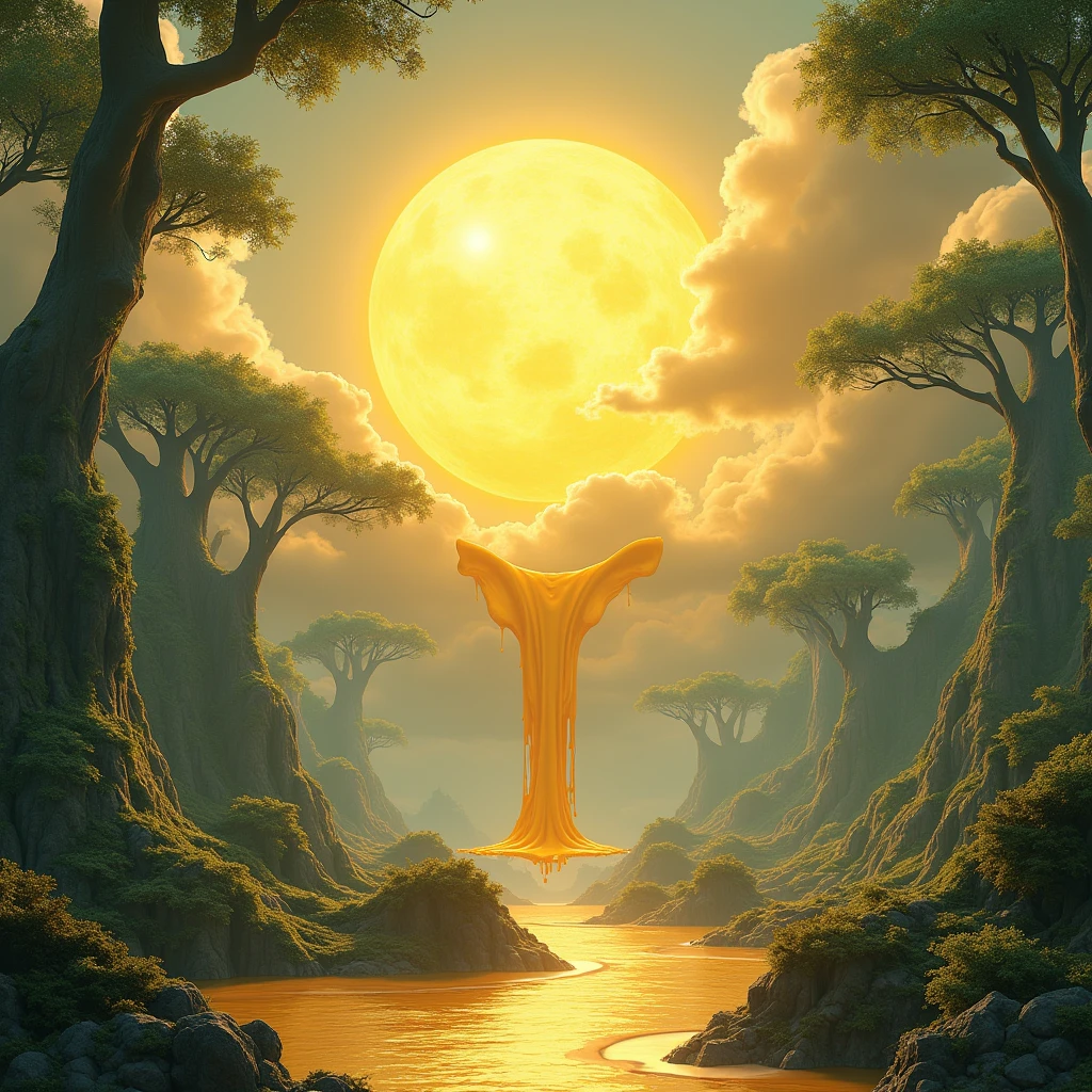 A 3D render of a surreal island. The sky is melting, resembling a thick, gooey cheese fondue. The sun is a giant, round brie, dripping molten cheese onto the lush green landscape of the island. The island is vast and arboreal, with towering, ancient trees draped in moss and vines. The overall aesthetic is dreamlike and idyllic, reminiscent of classic sci-fi films like those of Philip K. Dick