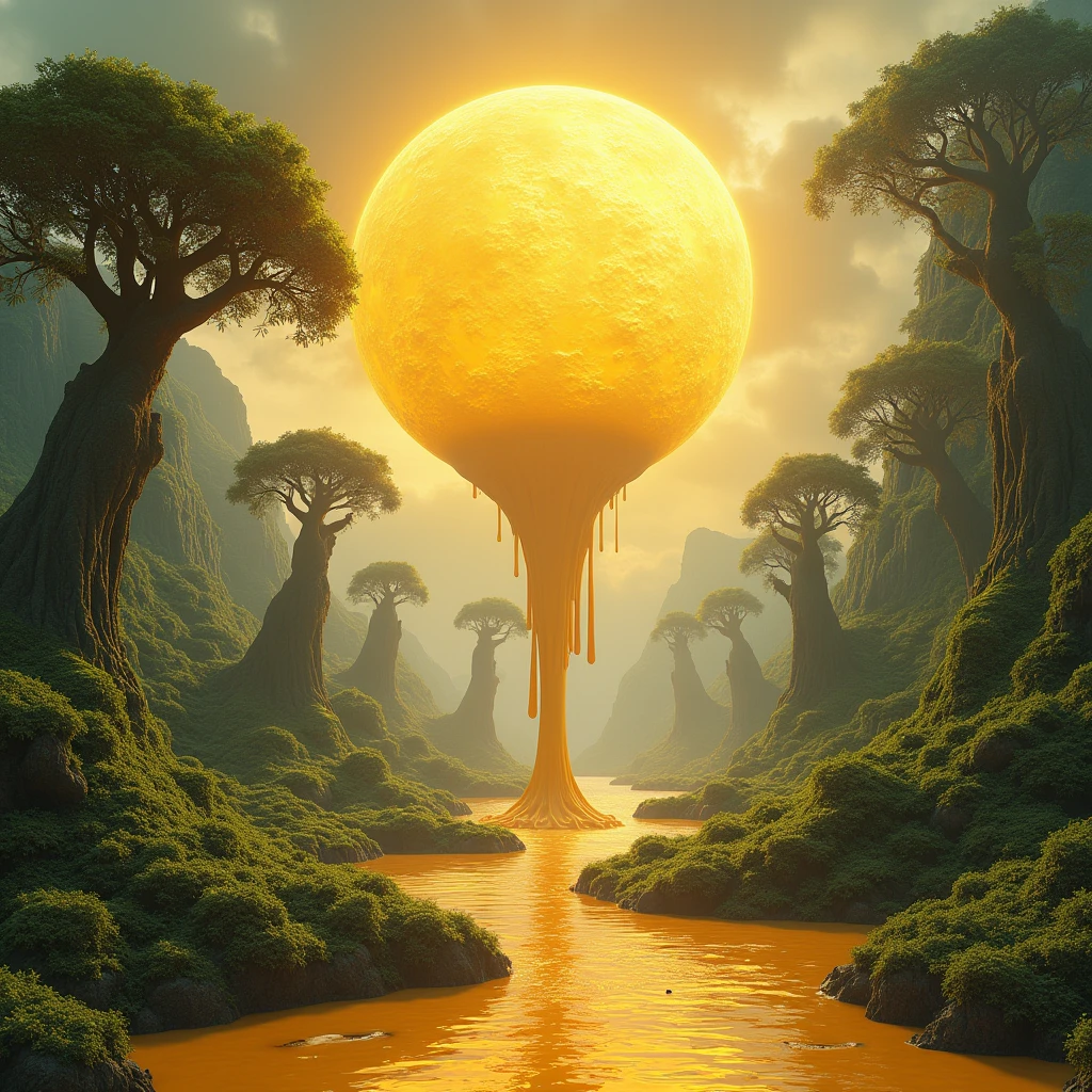 A 3D render of a surreal island. The sky is melting, resembling a thick, gooey cheese fondue. The sun is a giant, round brie, dripping molten cheese onto the lush green landscape of the island. The island is vast and arboreal, with towering, ancient trees draped in moss and vines. The overall aesthetic is dreamlike and idyllic, reminiscent of classic sci-fi films like those of Philip K. Dick
