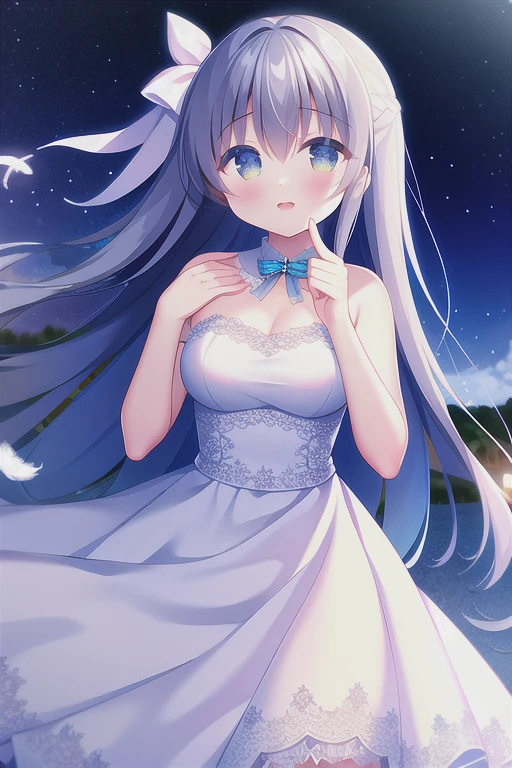 Absurd, high quality, Game CG, One girl, Long Hair, Wedding dress, Outdoor, Night Sky, Falling feathers, Upper Body