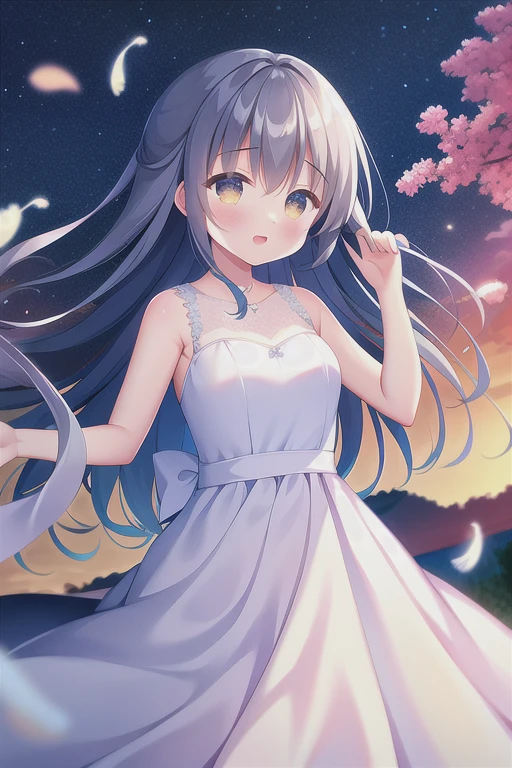 Absurd, high quality, Game CG, One girl, Long Hair, Wedding dress, Outdoor, Night Sky, Falling feathers, Upper Body