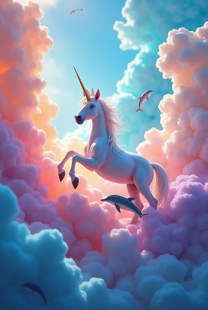 Unicorn on colorful clouds with dolphins very colorful too colorful
