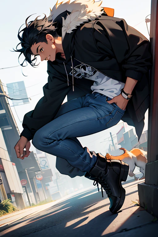 Create an image of a teenage girl named Fuyunah with straight, soft black hair. He wears a caramel or black sweatshirt with a black or white wolf or dragon design.. He is wearing black or blue jeans and stylish boots.. Fuyunah has a welcoming smile, that can feel hot or cold, and a slightly crazy expression. Next to you, there is a cute caramel dog and a white mongrel. He carries a katana and plays guitar and piano.."