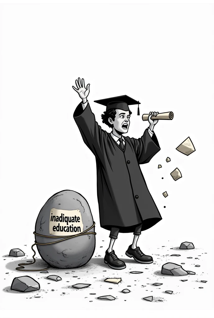 A student wearing a toque and gown is holding a diploma but the diploma is mostly light and torn. In the other hand, there was a large stone labeled 'Inadequate education' tied to his foot, preventing his progress. His feet are on a floor that breaks because of the lack of a solid foundation of knowledge. i an cartoon style and black and white 