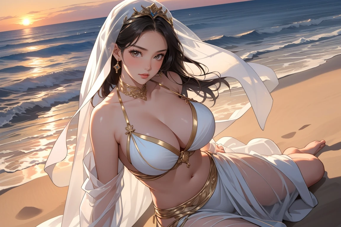 ((masterpiece, top quality, a high resolution)), ((highly detailed CG wallpaper unified 8K)), (Huge stunning goddess shot, so hot and sexy, сногсшибательная beauty, perfect proportions, beautiful body, slender body, beauty:1.3), Princess of the Desert, A scene from &quot;A Thousand and One Nights&quot;, Fantasy, wear a veil and a harem dancer costume, sitting on the sand, sunset over the desert in the background, Long dark hair, almond eyes, the transparent suit is exposed to the wind,