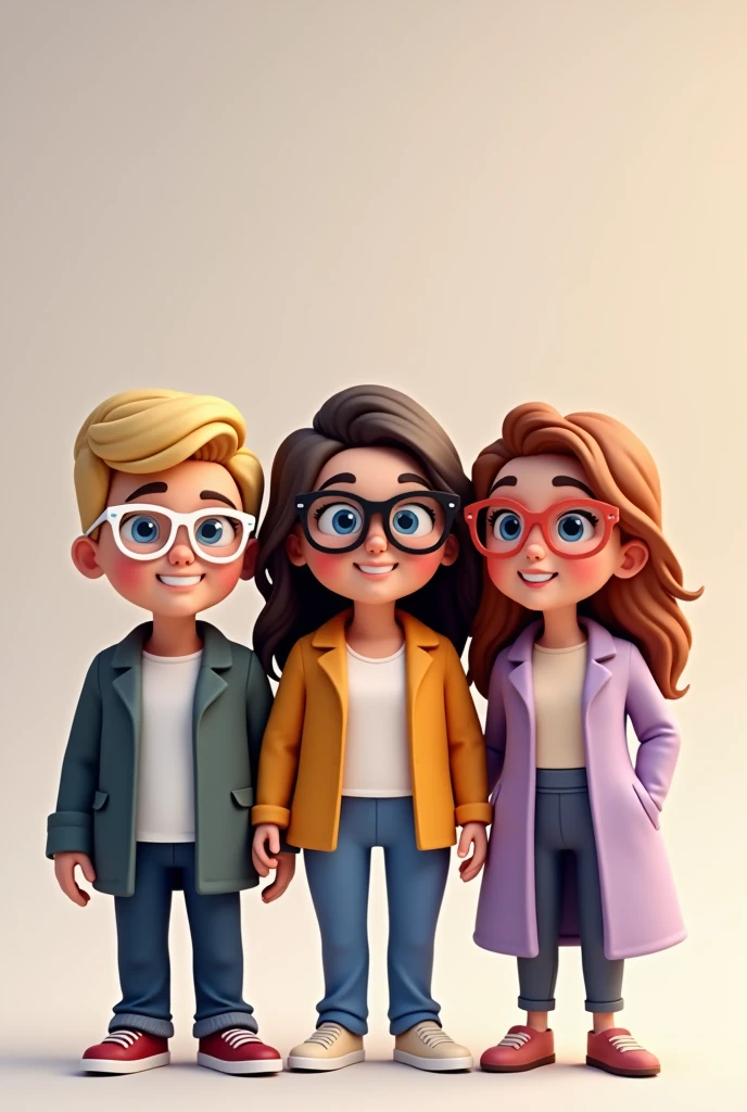 Create three avatars together in bitmoji style, there are three teachers, A teacher with blue eyes and blonde hair, smooth and big, wears white-framed prescription glasses, A white teacher with dark brown hair, wears prescription glasses, and dresses elegantly, A very white teacher, wavy reddish brown hair, medium, She's sweet and sweet, lilac clothes.