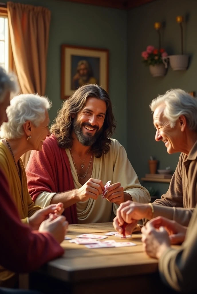 Smiling Jesus playing cards with 5 elderly men and women