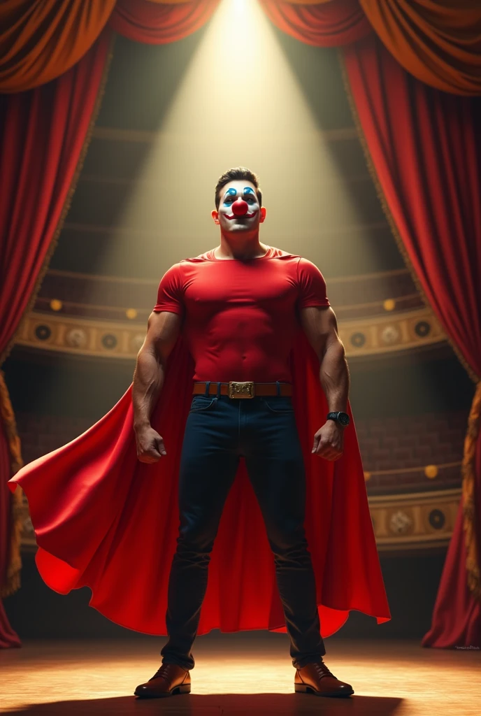 Man with super man appearance with cape, He wears a red shirt, wears a red clown nose, He is standing in the middle of a theatre stage with the curtain open.