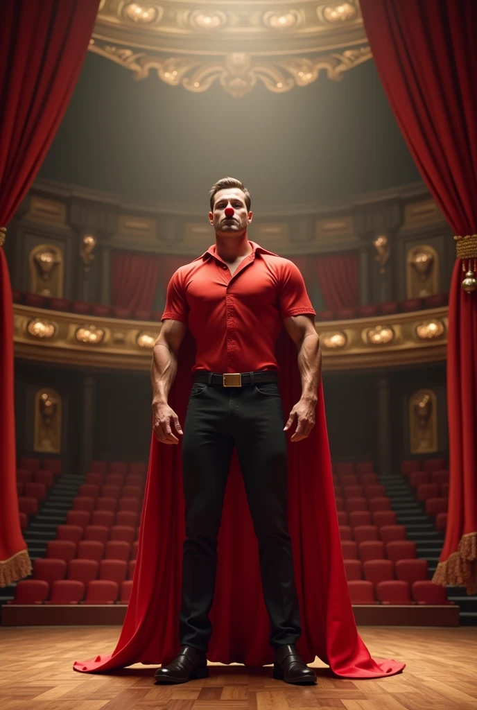 Man with super man appearance with cape, He wears a red shirt, wears a red clown nose, He is standing in the middle of a theatre stage with the curtain open.
