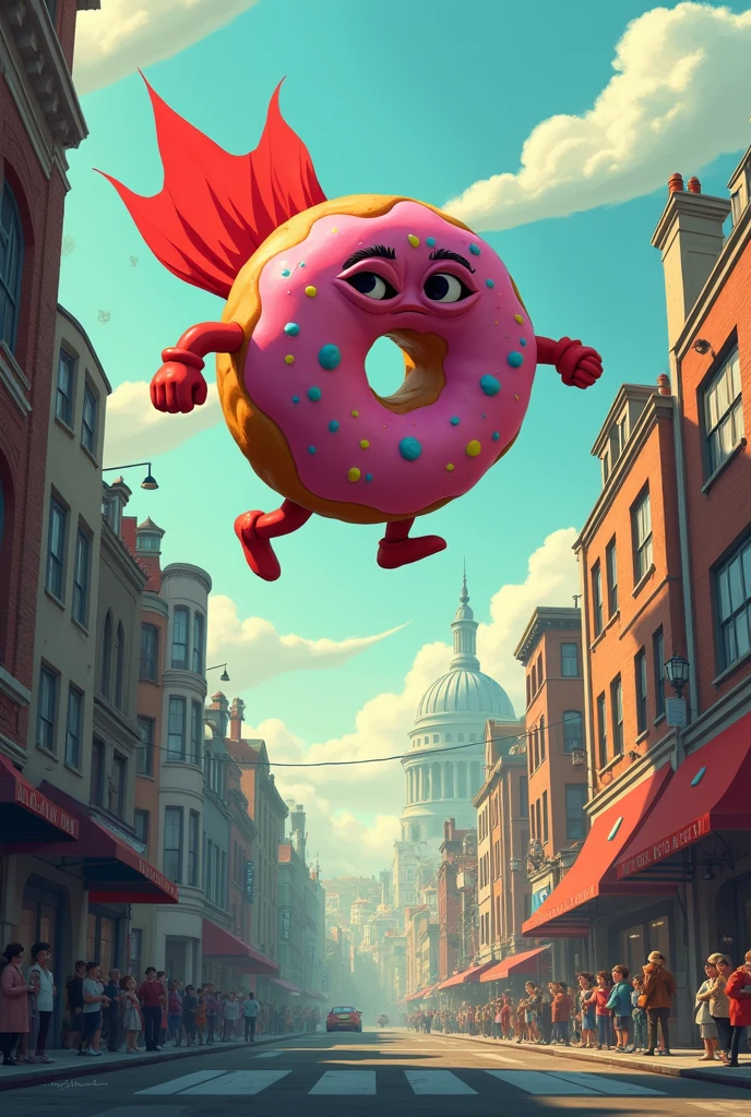 scene: A city with sad citizens because their sweets have lost their flavor.
Characters: Mr. Man (a donut with arms, legs, and a red cape) flying over the city with a worried expression.
Text: "Something is sucking all the sugar out of town!