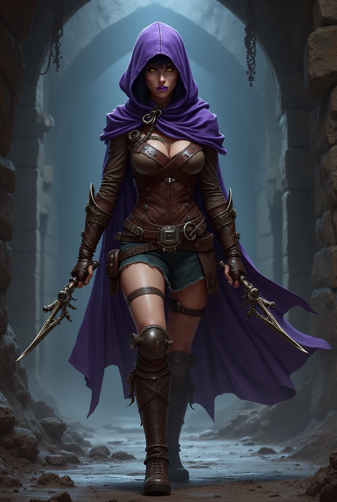 A female ranger wearing brown leathers with a purple hood, detailed yellow eyes, purple lipstick, short  black hair swept back and tied back. She has an intense dangerous expression and smile. she holds a pair of small hand crossbows in each hand. Show her walking through a dark dungeon, full body shot. pov from the side. Emphasize the badass nature of Nisha, from her confident stride, the grim but amused smirk on her face and her relaxed but ready to strike posture. 
