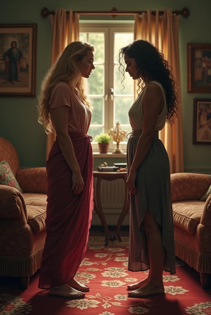 blonde arguing with an Indian woman inside the house
