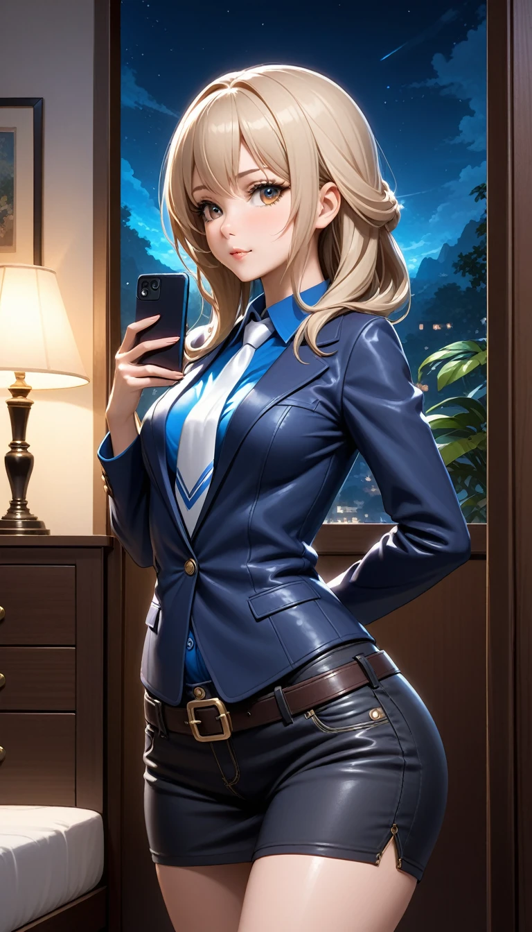 Beautiful 47y old woman with short frizzy dark black hair, layered hair, tied up hair, with ((brown eyes)), wearing ((Tight Low-Rise Black Denim Skirt)), ((Sexy Mid Sleeves Royal Blue Shirt)), ((Leather Black Belt)), ((White Tie), ((Black Blazer)), ((Blazer)), standing in her bedroom at night, holding her cellphone, (caucasian skin), (light brown lipstick), (elegant mascara), (slim body), (small breasts), (wide hips), endjourney, <lora:GoodHands-, <lora:GoodLegs-, UHD, high resolution, (masterpiece:1.9, best quality), (expressive eyes, perfect face, full body, expressive face, perfect body, perfect pussy, athletic, fit, slim body, blushing, Perfect makeup, eyeliner, beautiful eyelashes, smiling, horny face), ((best illumination, best shadows)), ((sexy pose)), score_9_up, score_8_up, score_7_up