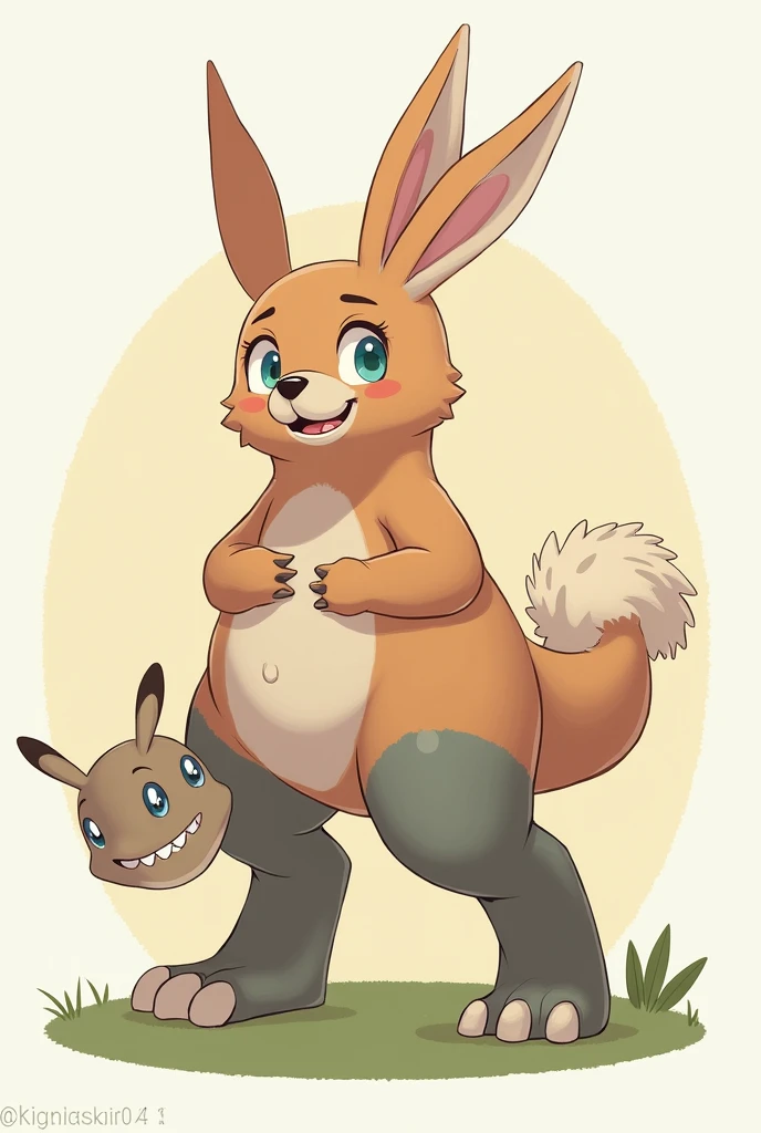 generate an imaginary friend with the following characteristics: bear head and body, cat ears, rabbit tail, dinosaur legs and rabbit mouth