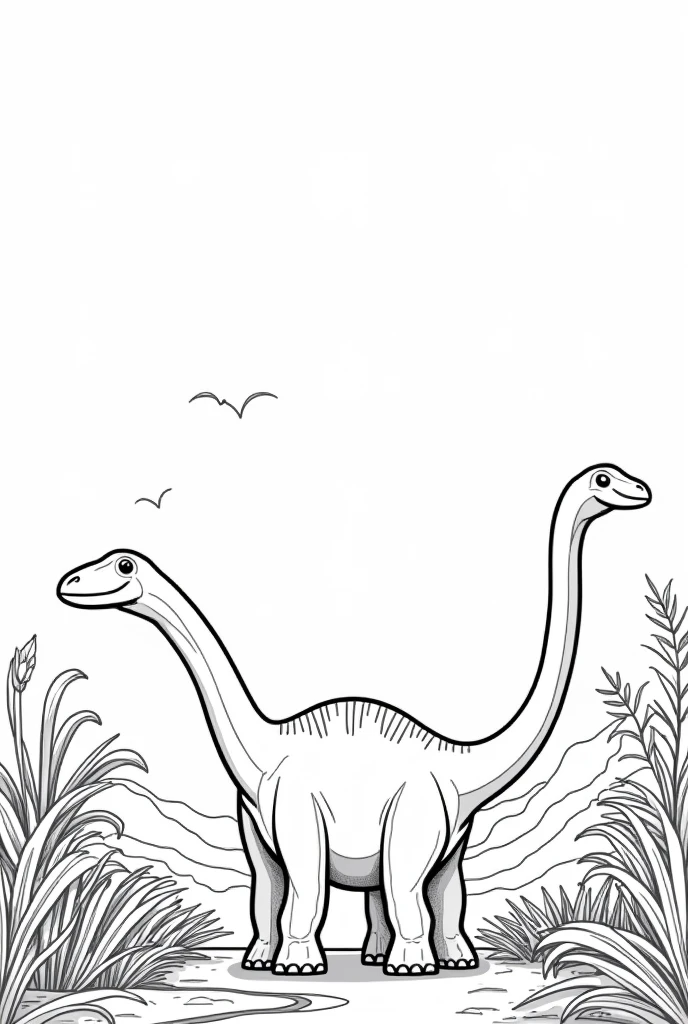 A BLANK PAGE WITH AN OUTLINED SILHOUETTE OF AN APATOSAURUS IN ITS HABITAT TO COLOR