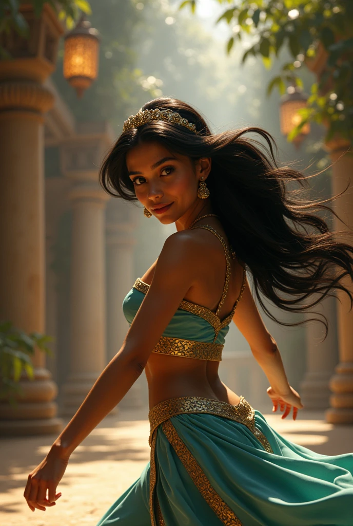 Stunning Princess Jasmine, photo in 8k, in action, cinematic.