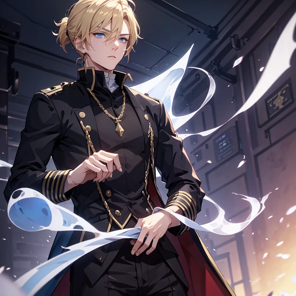 Anime attractive man, 20 year old, blonde hair, very very short ponytail, tall, muscular, solo, one person, light blue gold-accented, high-collared dress shirt with rolled up sleeves, black choker, dark blazer with gold lining and buttons unbuttoned with rolled up sleeves, long dark overcoat with a fur trim, rolled up sleeves, rolled up sleeves, rolled up sleeves, rolled up sleeves.