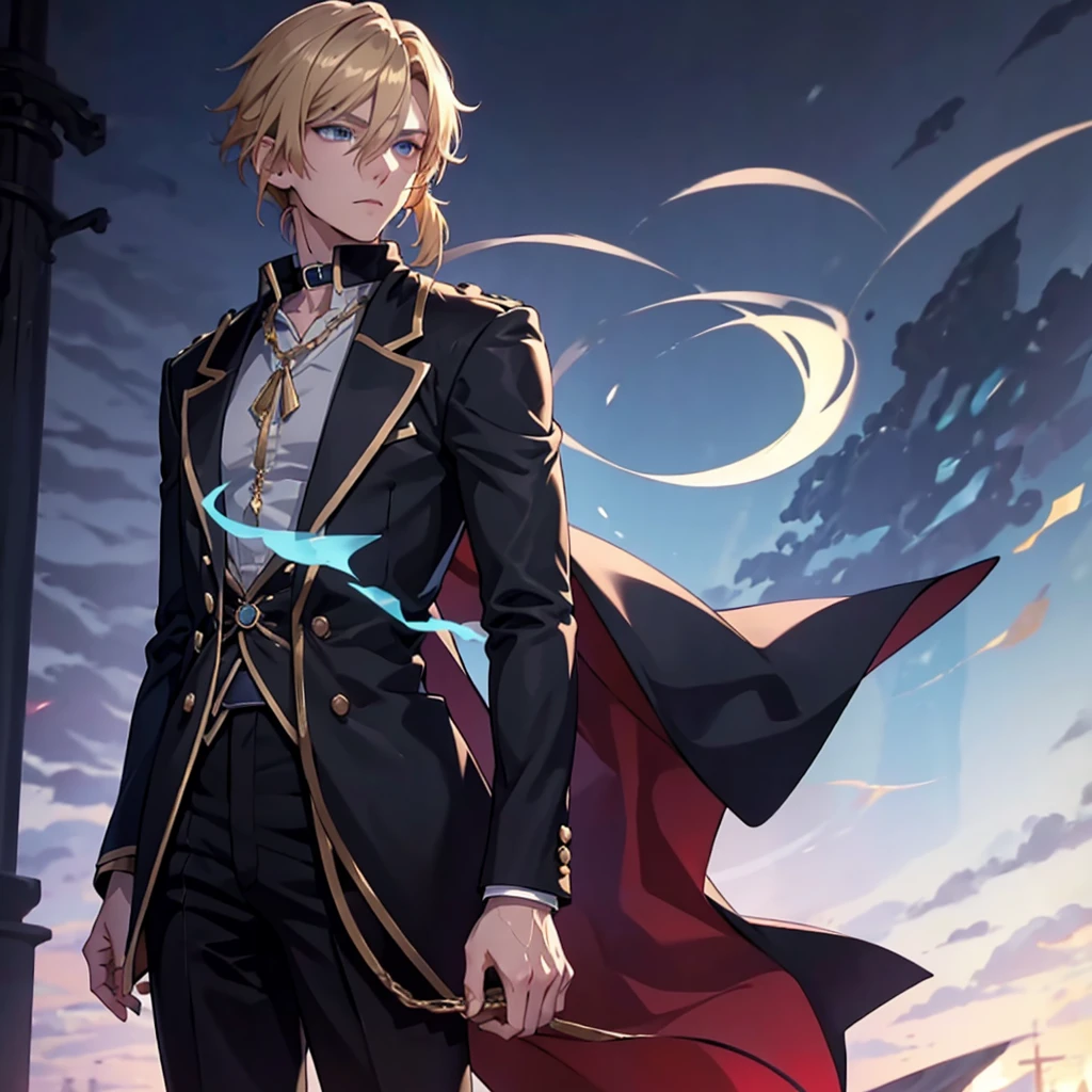 Anime attractive man, 20 year old, blonde hair, very very short ponytail, tall, muscular, solo, one person, light blue gold-accented, high-collared dress shirt with rolled up sleeves, black choker, dark blazer with gold lining and buttons unbuttoned with rolled up sleeves, long dark overcoat with a fur trim, rolled up sleeves, rolled up sleeves, rolled up sleeves, rolled up sleeves.