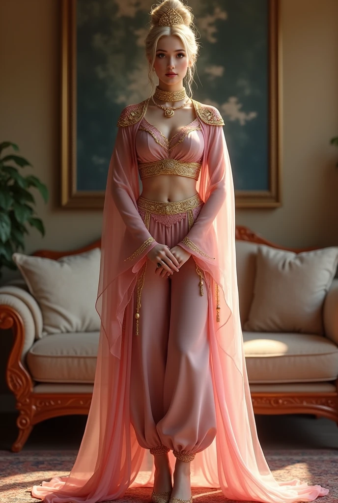 
mature female, (full body:1.3), standing, hands together, eyeliner, (blonde hair updo), head veil, wearing pink genie giab_3, tiny crop top shirt, tiny red crop vest, sheer chiffon harem pants with elastic cuffs, genie slippers, gold embroidery, hat, (living room background)