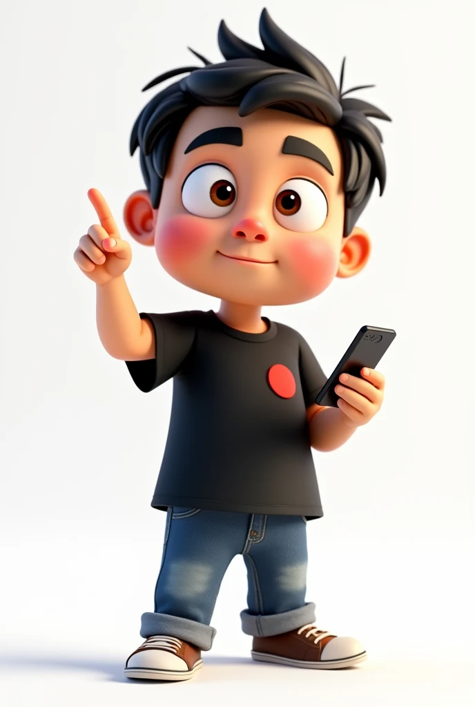 Create a Disney Pixar style character in a white setting a white man,Round face, narigudo, with thick eyebrows, the short hair down, short in stature, wearing a black t-shirt with a red circle on the left chest and jeans, with one hand holding a cell phone and the other pointing upwards