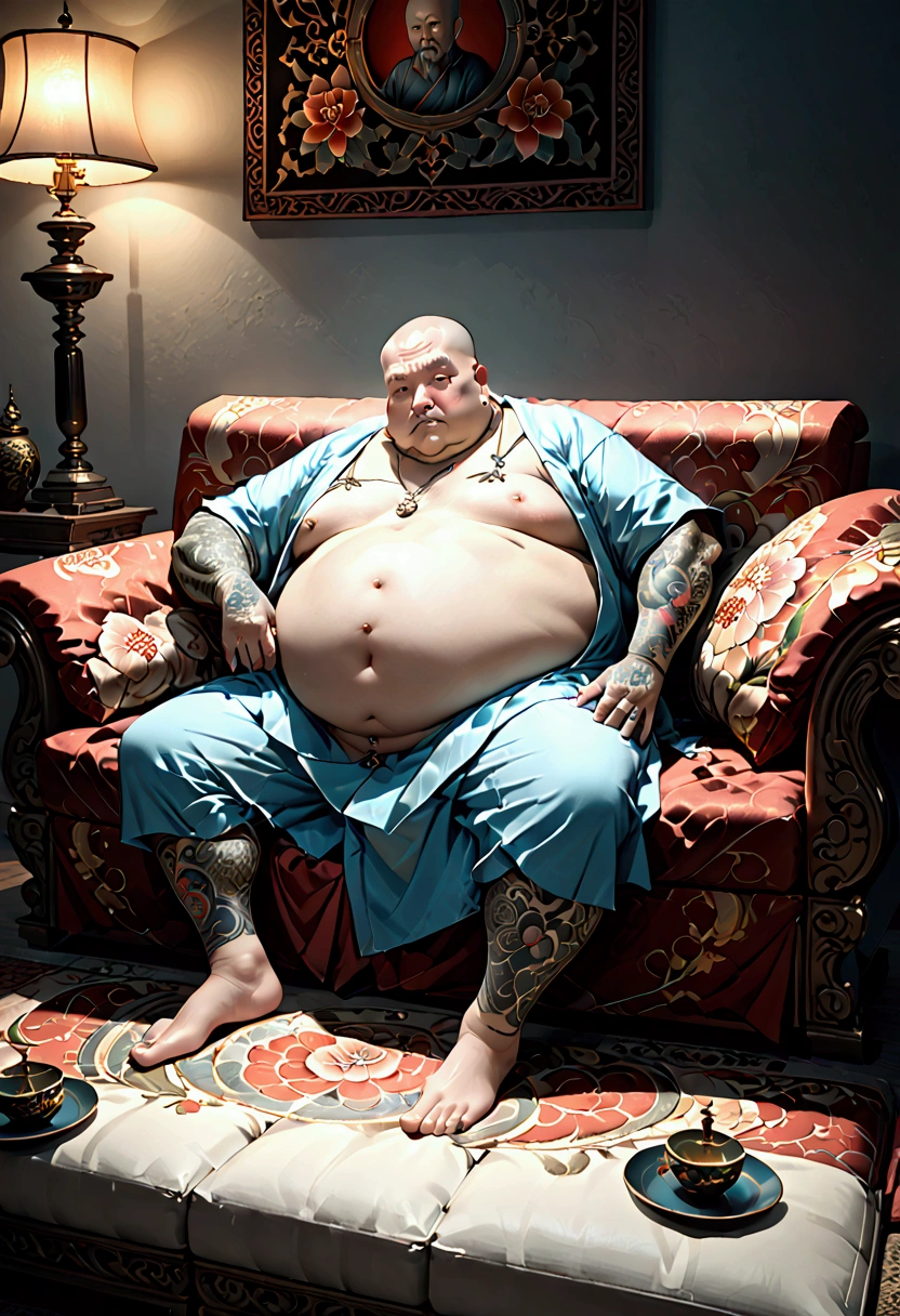 (old fat monk with thinning hair,tattoos all over body, full detailed body, lying on the sofa, highly detailed face,hyperrealistic,3d render,masterpiece,8k,photorealistic,cinematic lighting,dramatic lighting,moody lighting,dramatic pose,mystical,spiritual,intense gaze,intricate tattoos,lush textures,rich colors,chiaroscuro,dramatic shadows,atmospheric)