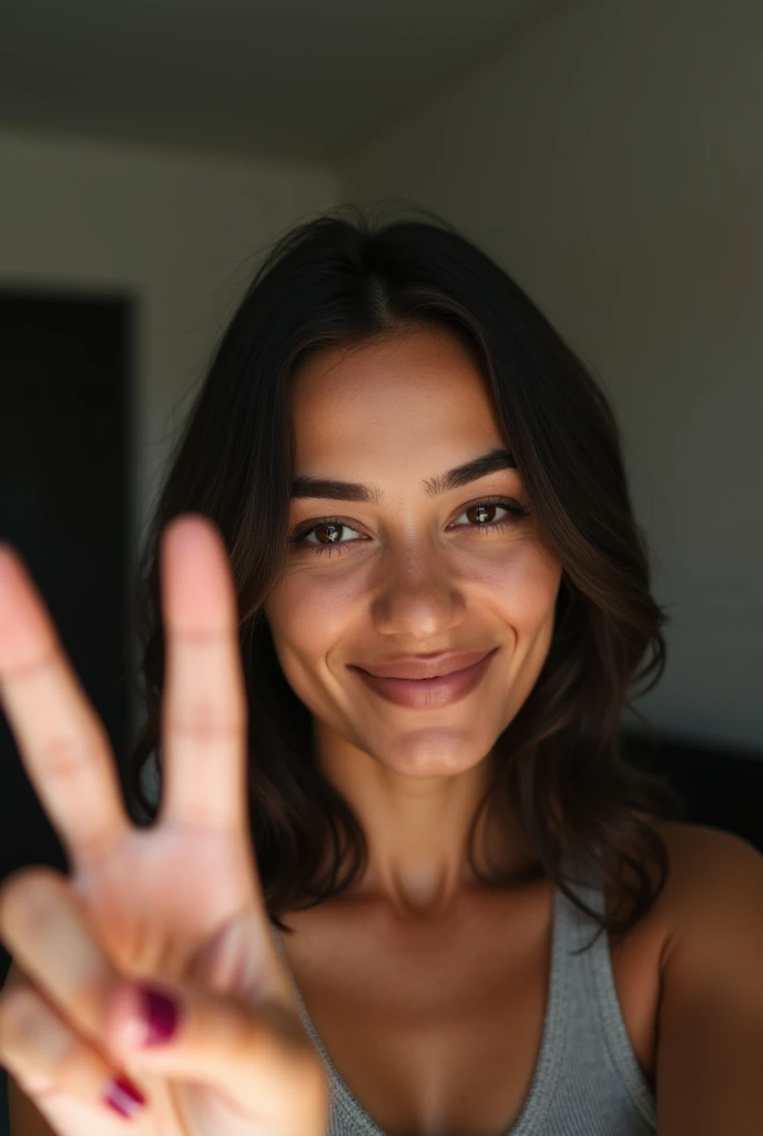  brunette and black latina at home making peace and love sign with hand, darkskin, Selfie, slim, with just one hand the signal, Selfie no espelho, not too close, tirando a Selfie com o celular na mão 