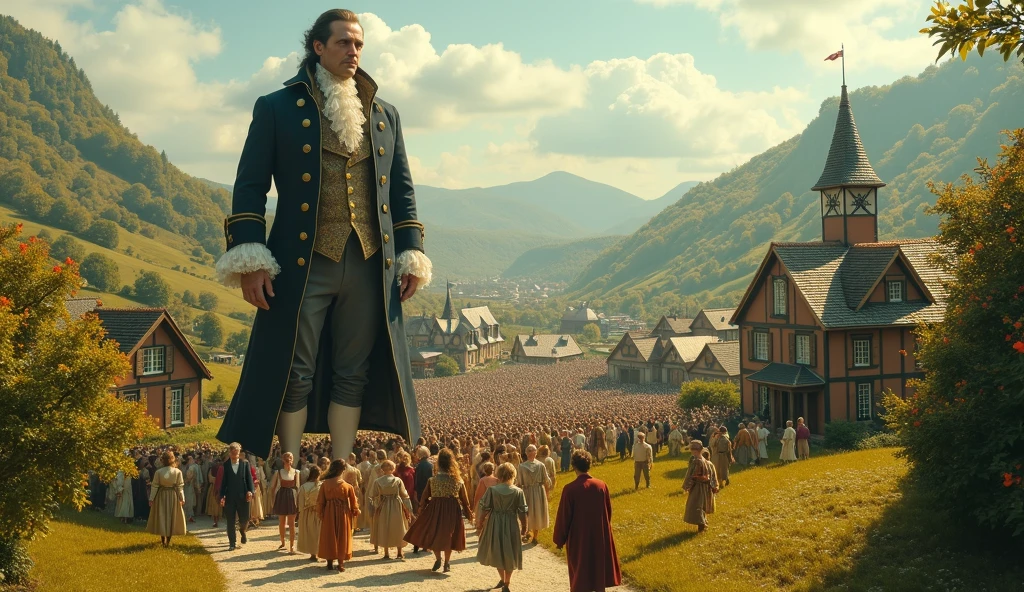 Fantastical photography of a giant man, dressed in 18th-century attire, being led by dozens of tiny people, full body shot showing scale, in a miniature village with detailed tiny buildings and farmlands, under bright daylight, shot from a high angle to emphasize size difference, captured on a high-resolution digital camera with a wide-angle lens, (forced perspective:1.3), (hyper-detailed:1.2), in the style of (Terry Gilliam:1.4)