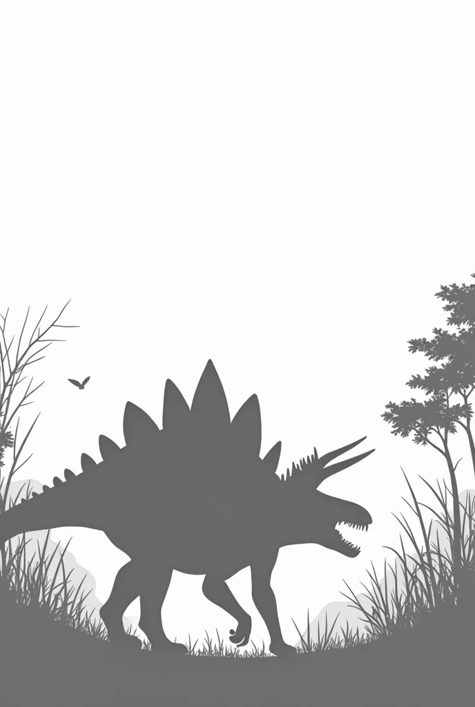 A BLANK PAGE WITH A STEGOSAURUS SILHOUETTE IN ITS HABITAT TO COLOR