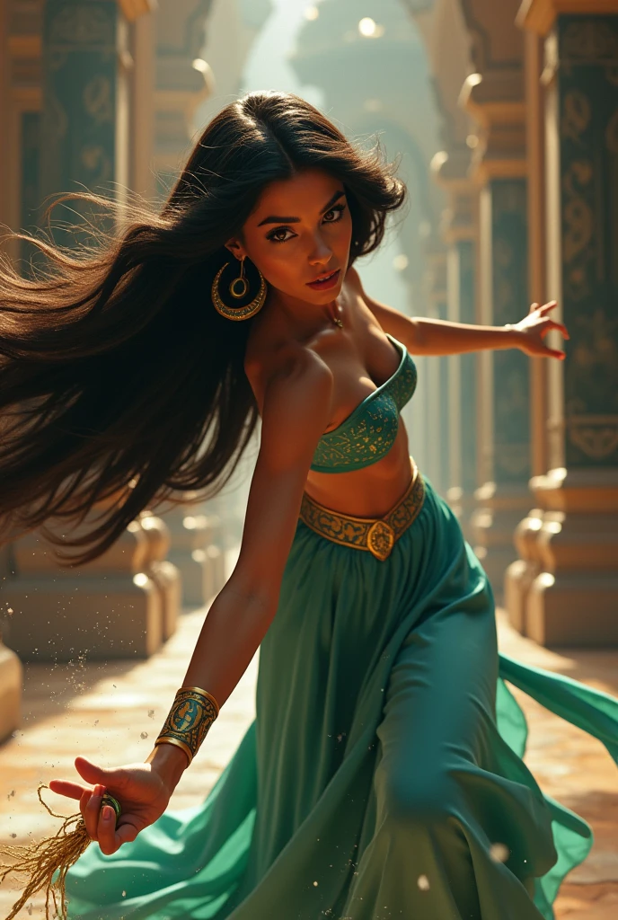 Stunning Princess Jasmine, photo in 8k, in action, cinematic.