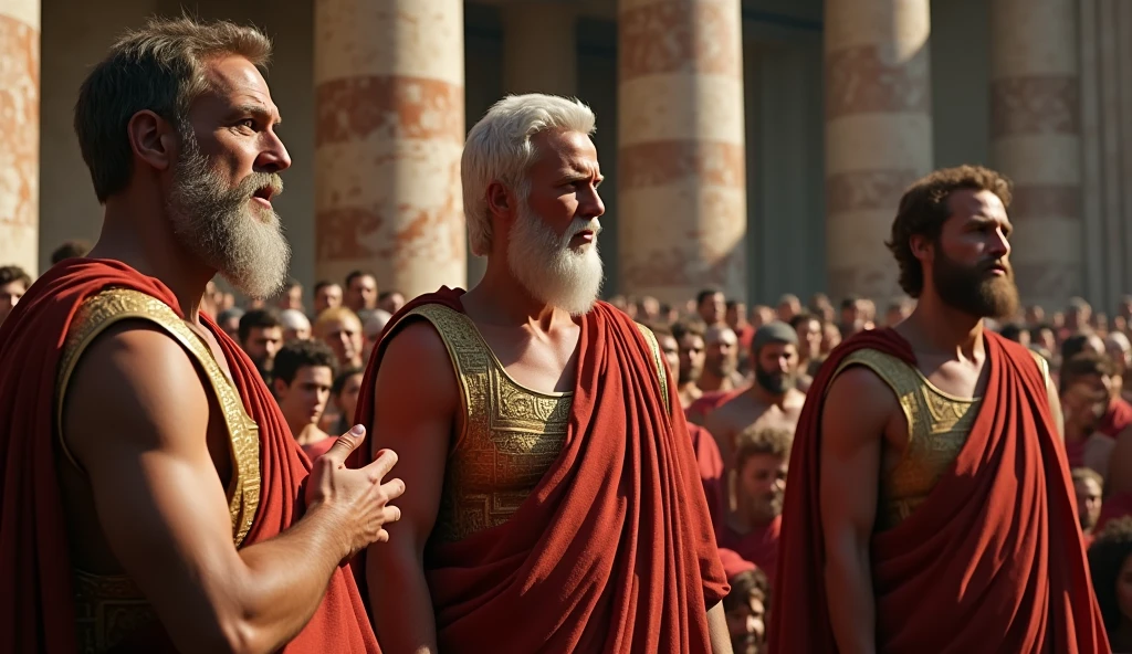 in ancient greece, greek parliament, greek senators, speaking to the people, cinematic, realistic, 4k