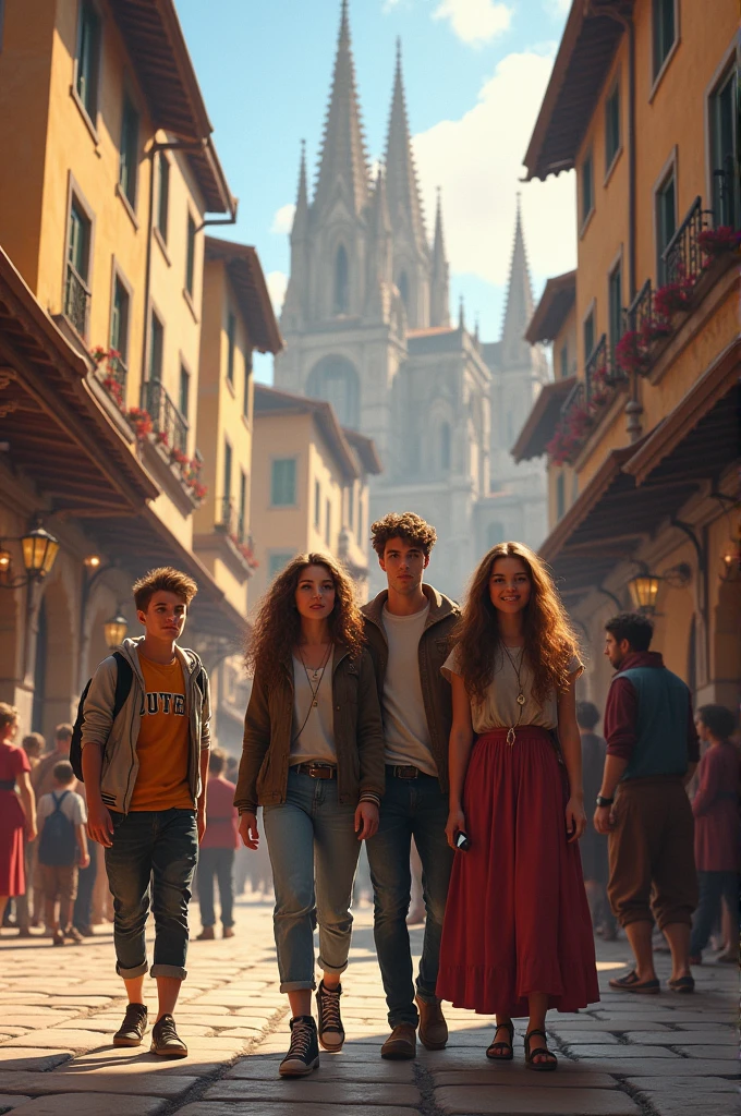 A group of friends 2 males and 3 females, teenagers of the 21st century exploring the Renaissance era in person 