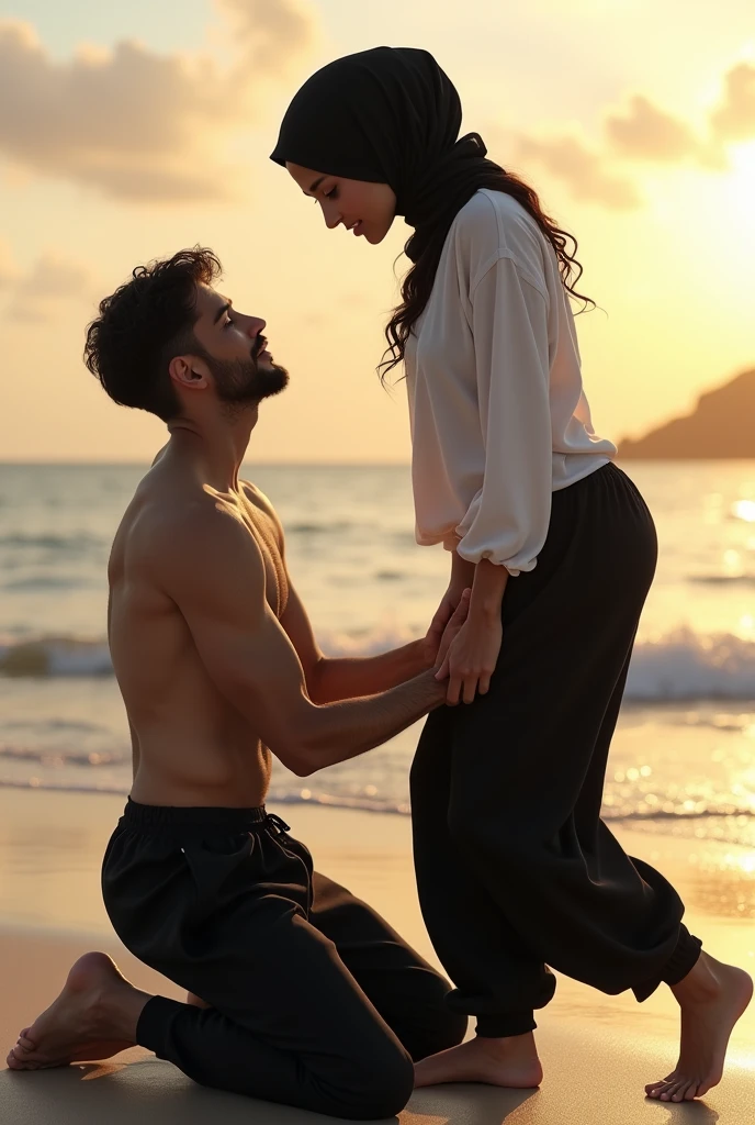 Black headscarf on the beach, white long sleeve t shirt, baggy black sweatpants, barefoot, Sexy skinny woman. Man kneeling in front of woman, Woman touching the front of a man&#39;s sweatpants with her foot and laughing.