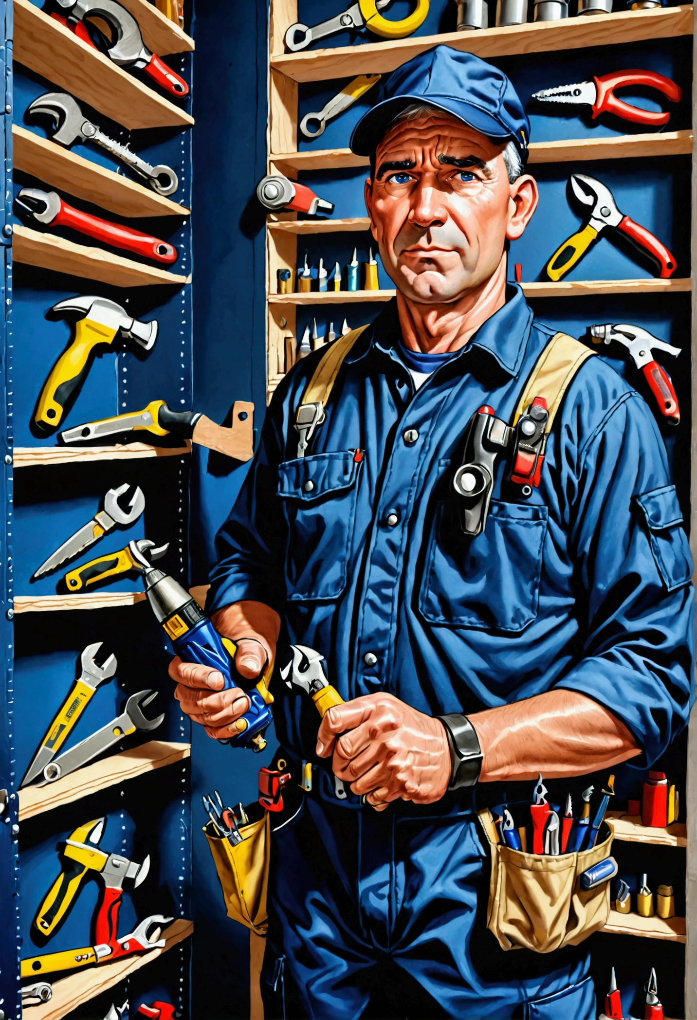 a middle aged man, wearing a dark blue work uniform with pockets full of tools. He holds a drill in one hand and a wrench in the other.., with a friendly expression. Ao fundo, you can see a wall of a house with shelves, uploads, and a light switch, suggesting a home working environment. There is also an open toolbox on the floor., with several tools scattered around, like a hammer, tape measure and pliers."