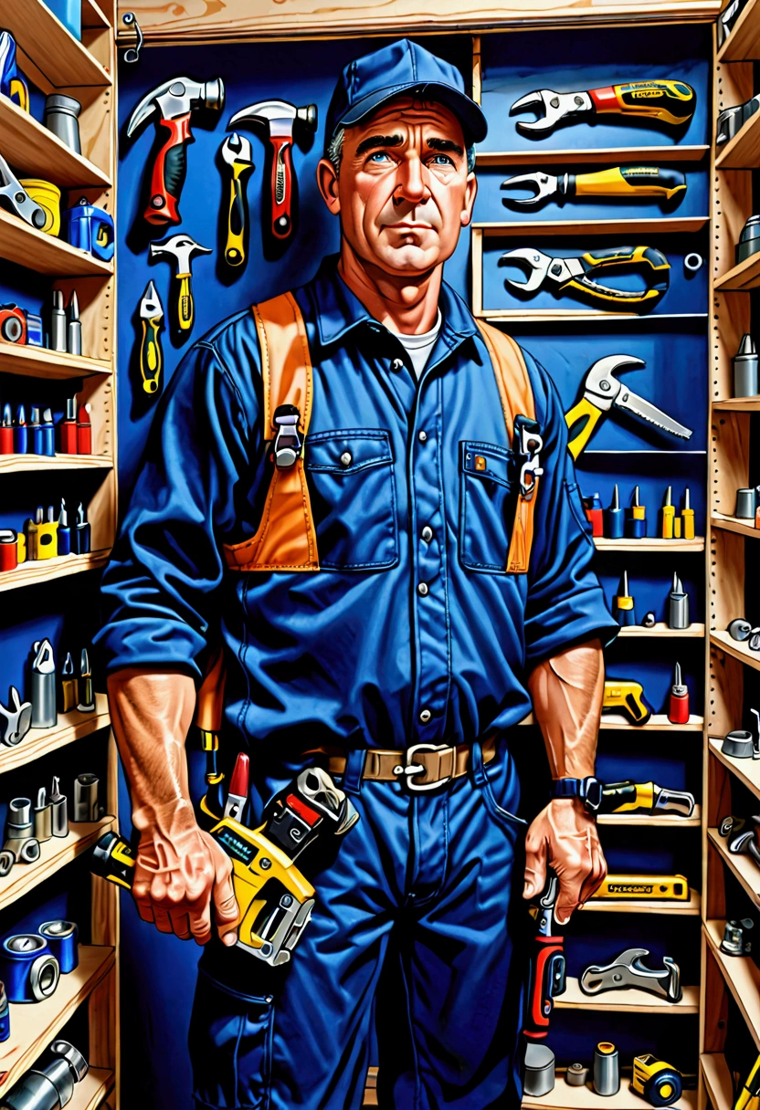 a middle aged man, wearing a dark blue work uniform with pockets full of tools. He holds a drill in one hand and a wrench in the other.., with a friendly expression. Ao fundo, you can see a wall of a house with shelves, uploads, and a light switch, suggesting a home working environment. There is also an open toolbox on the floor., with several tools scattered around, like a hammer, tape measure and pliers."