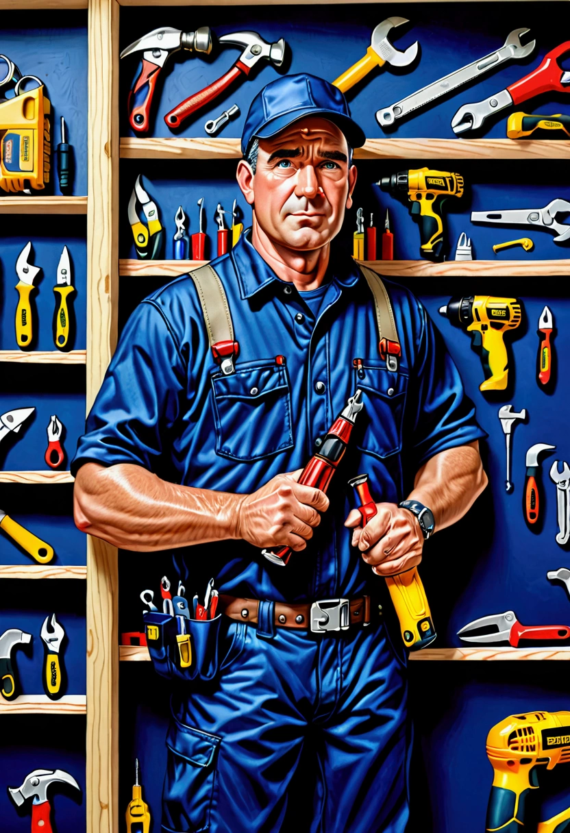 a middle aged man, wearing a dark blue work uniform with pockets full of tools. He holds a drill in one hand and a wrench in the other.., with a friendly expression. Ao fundo, you can see a wall of a house with shelves, uploads, and a light switch, suggesting a home working environment. There is also an open toolbox on the floor., with several tools scattered around, like a hammer, tape measure and pliers."