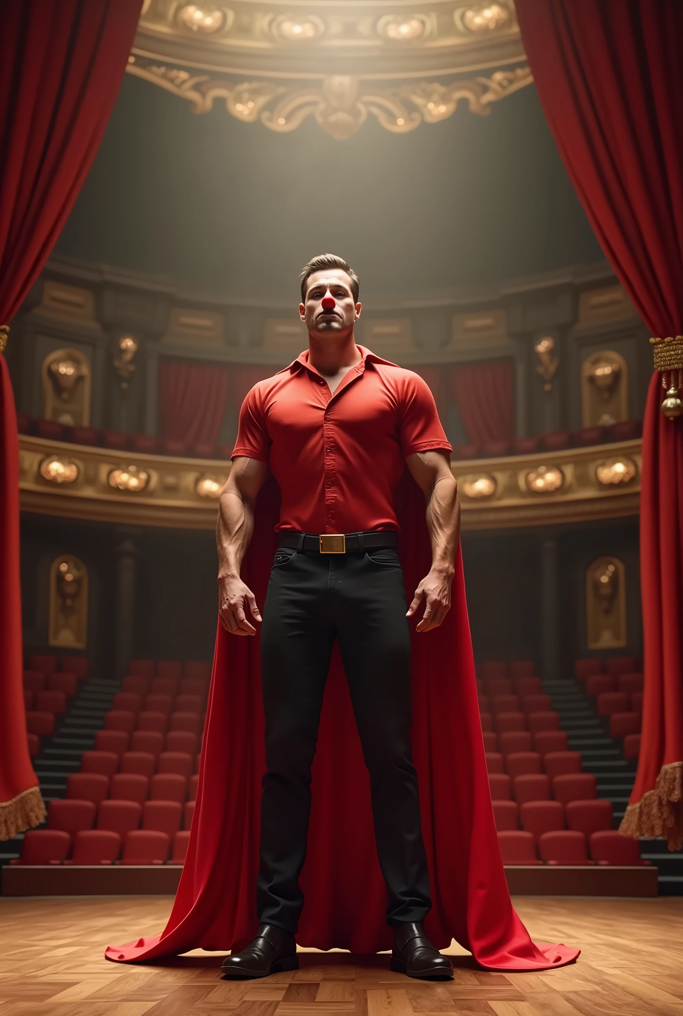 Man with super man appearance with cape, He wears a red shirt, wears a red clown nose, He is standing in the middle of a theatre stage with the curtain open. 