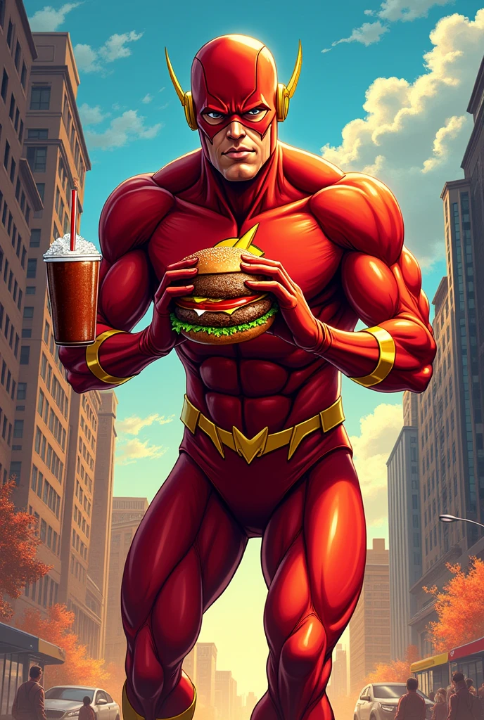 Flash holding a burger and a soda in his hand