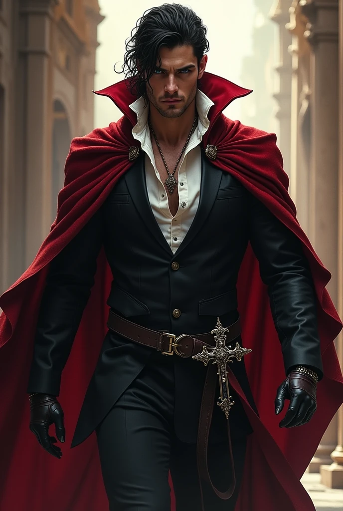 An incredibly handsome and masculine toreador vampire, he is greek and he is a knight templar, He is a 5th generation vampire therefore very powerful, he has a beautiful crucifix that is always with him and a cape