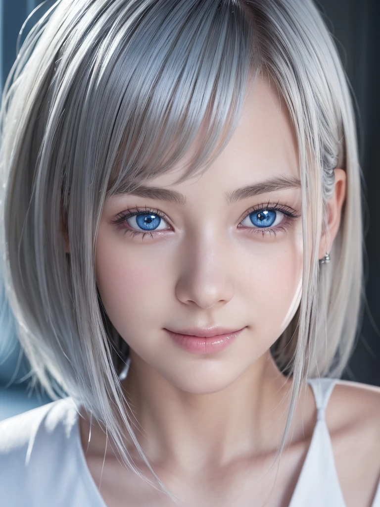 Photorealistic One Girl, Very detailed face with beautiful detailed eyes, Natural platinum silver hair, Short Hair,Bright big blue eyes,Droopy eyes,smile,Nordic beauty, high quality, 最high quality, 8k, Ultra-realistic, Very detailed, High resolution, masterpiece,(Japanese junior high school girls&#39; uniforms:1.5)