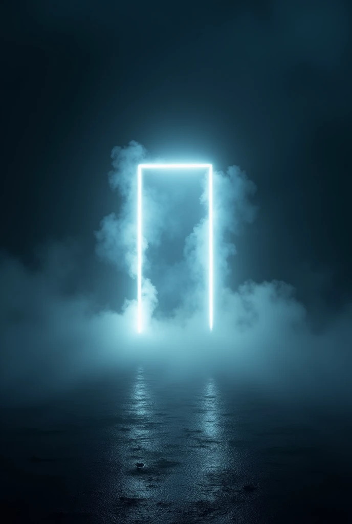 dark image with white neon rectangle in landscape format, all surrounded by smoke, zoom in to the maximum