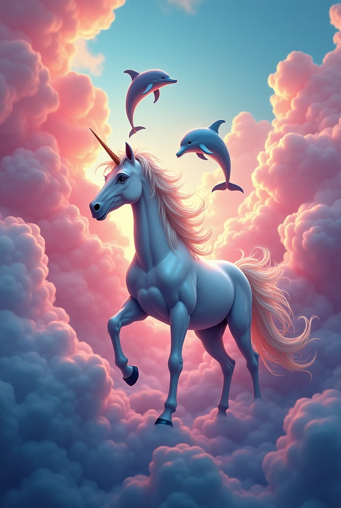 Unicorn on colorful clouds with dolphins very colorful too colorful,with more color