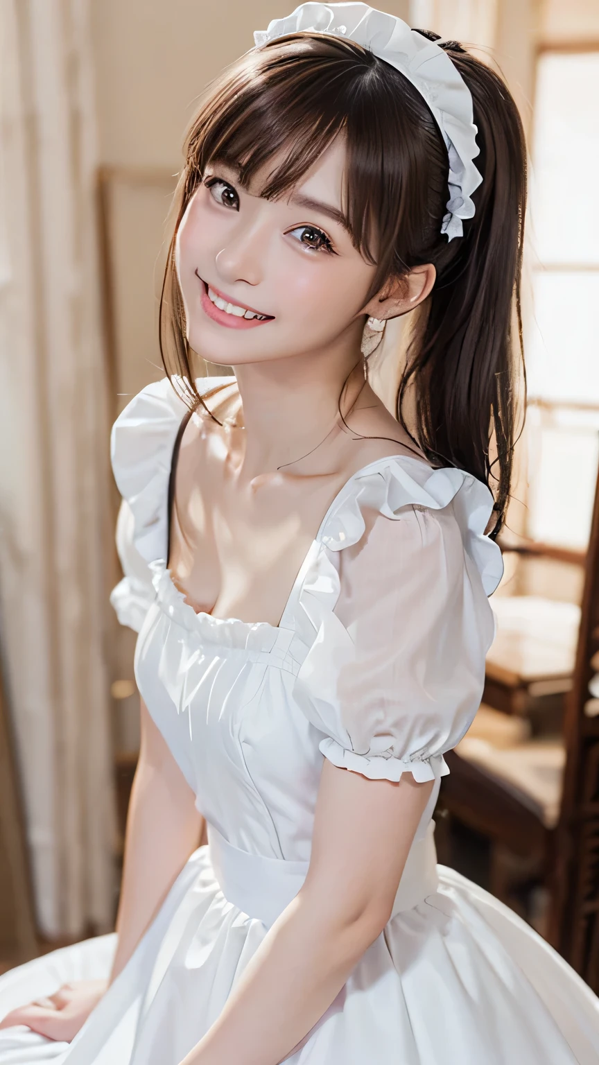 (Ultra-high quality, shot with DSLR, 8k, highest quality, high resolution, top quality, highest resolution, very beautiful woman, perfect ???????), light brown eyes, very bright brown eyes, small diamond-shaped earrings, looking directly at the camera, beautiful brown hair, ((baby face, loosely cute medium ponytail)), very short and beautiful bangs on brown hair, E-cup bust, showing beautiful décolletage, very beautiful 20-year-old, lip gloss, smiling very happily, very cute smile, upper teeth, beautiful teeth, inside an elegant Western-style mansion (background only), slightly larger eyes, small face, tall supermodel, beautifully shaped model, random cute gravure pose, dynamic angle, eye focus, head tilt, very detailed and realistic, very beautiful 20-year-old, ((medium shot)), sharp jawline, ((maid costume cosplay)), deep waistline, sexy legs, side view, smiling very happily, laughing, summer noon.