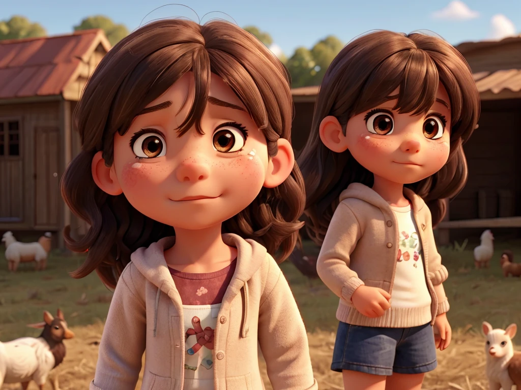 Show a female child, alone and sad on a farm. The child is , dark brown eyes and hair, long hair with bangs. Your chickens and dogs are around you. with tears streaming down her face, missing you so much.

