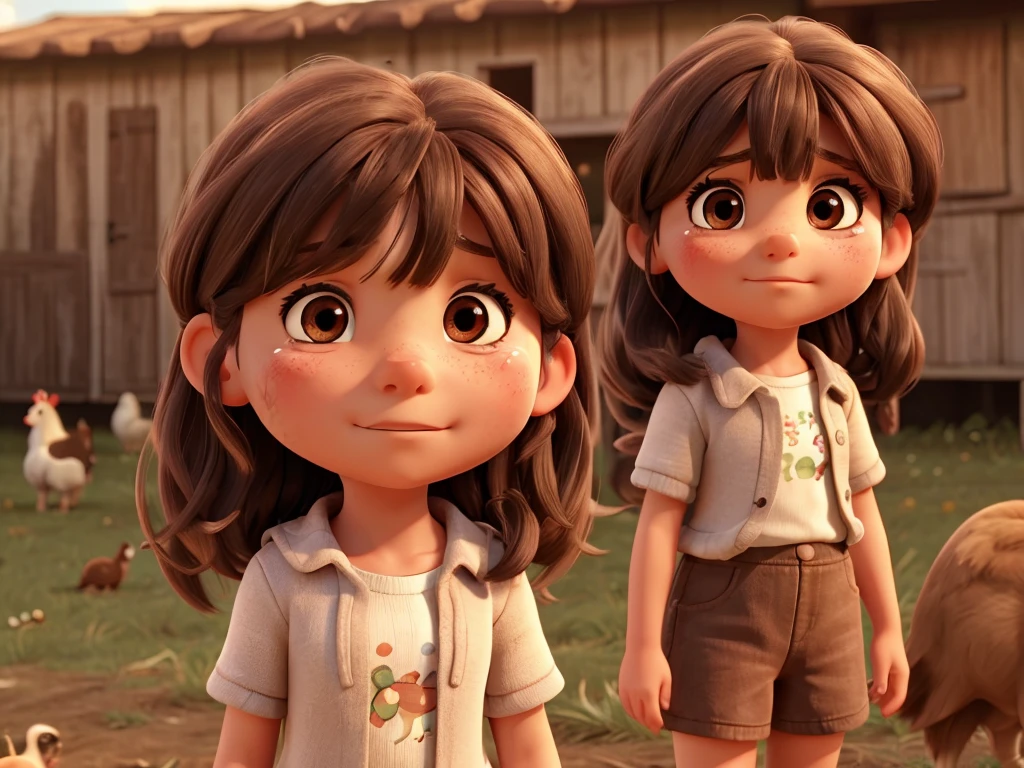Show a female child, alone and sad on a farm. The child is , dark brown eyes and hair, long hair with bangs. Your chickens and dogs are around you. with tears streaming down her face, missing you so much.