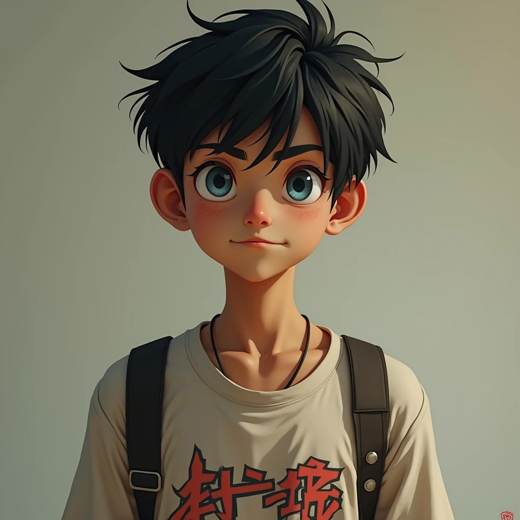a lanky young man with wild straight short dark hair, piercing narrowed blue-grey eyes, raised eyebrows, knowing smirk, wearing faded ironic anime-themed t-shirt, ripped jeans, scuffed sneakers, exuding tired intelligent air, (best quality,4k,8k,highres,masterpiece:1.2),ultra-detailed,(realistic,photorealistic,photo-realistic:1.37),portrait,digital painting,cinematic lighting,dramatic shadows,warm tones,highly detailed face and eyes