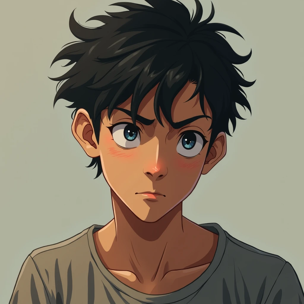 a lanky young man with wild straight short dark hair, piercing narrowed blue-grey eyes, raised eyebrows, knowing smirk, wearing faded ironic anime-themed t-shirt, ripped jeans, scuffed sneakers, exuding tired intelligent air, (best quality,4k,8k,highres,masterpiece:1.2),ultra-detailed,(realistic,photorealistic,photo-realistic:1.37),portrait,digital painting,cinematic lighting,dramatic shadows,warm tones,highly detailed face and eyes